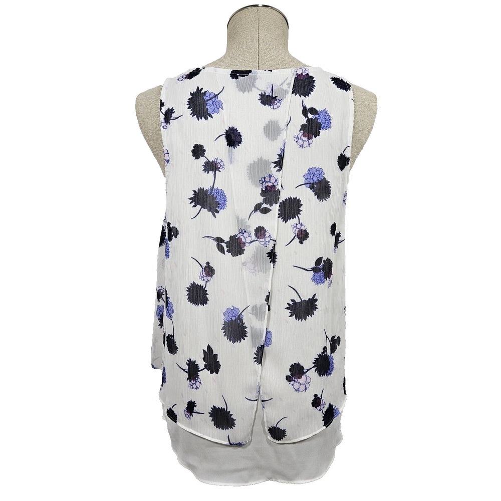 White Floral Tank Shirt Womens Small Sleeveless Cross Open Back Layered